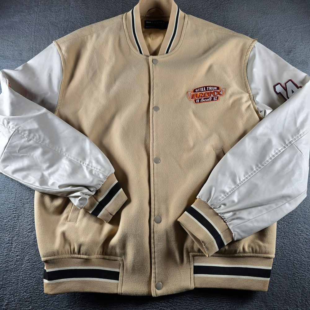 ASOS DESIGN Mens Varsity Jacket Tan Cream Faux Leather Sleeve Bronx Patch Small